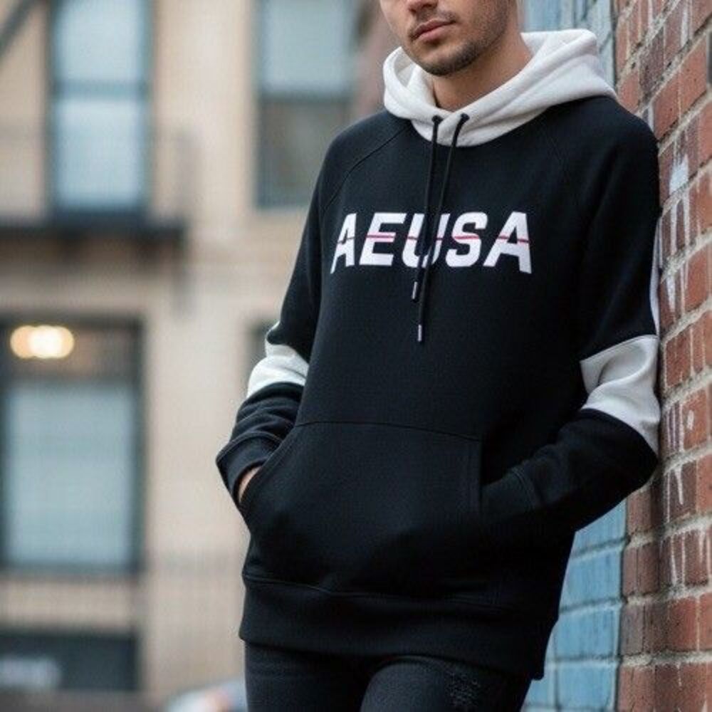 American Eagle Outfitters AEUSA Pullover Hoodie Black & White Men's Large